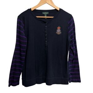 Lauren Ralph Lauren Navy & Purple Striped Long Sleeve Henley Top
